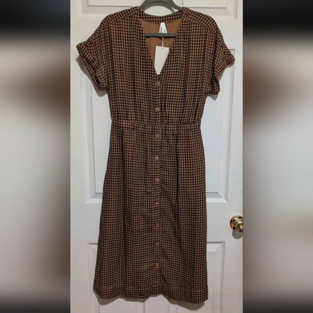 Pact Brown Checkered Midi Dress